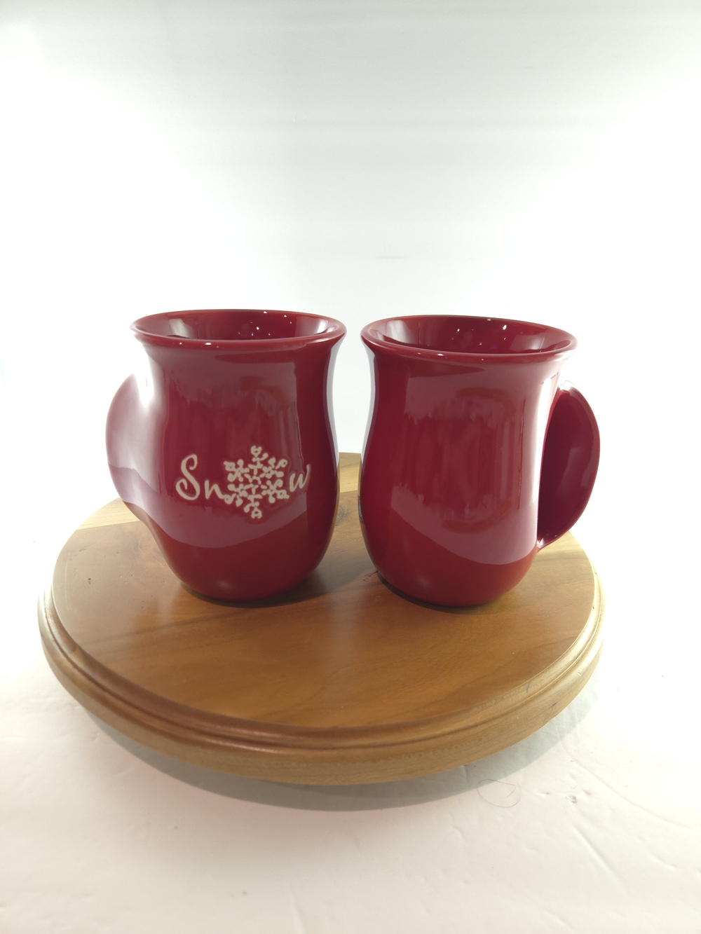 TAG Red Ceramic Handwarmer Mugs "Snow" Snowflake Pocket Cup Set of 2 Holiday